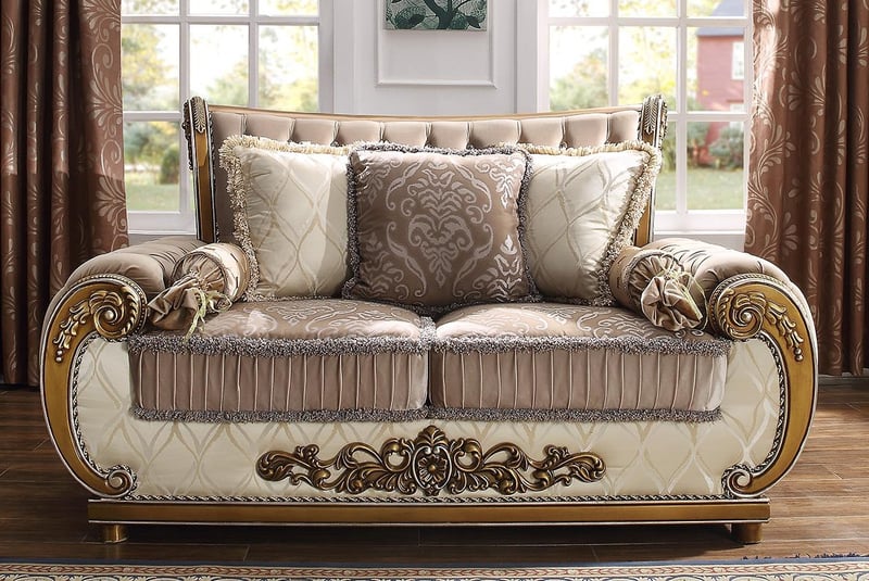 Brown & Beige Tufted Sofa Set 2Pcs Carved Wood Traditional Homey Design HD-25