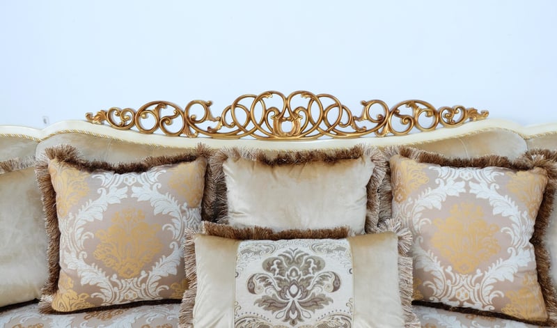 Luxury Beige Antique Dark Gold Wood Trim ANGELICA Sofa EUROPEAN FURNITURE 