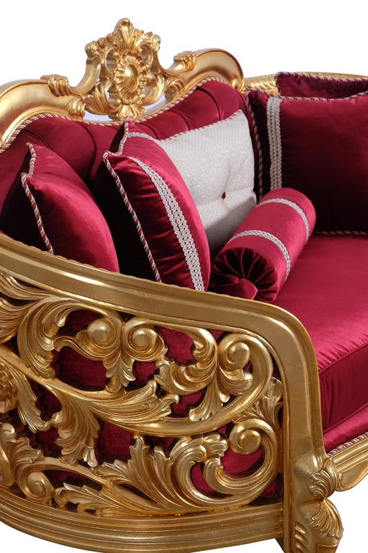 Traditional Burgundy Gold Antique Red Wood Solid Hardwood and Velvet Sofa EUROPEAN FURNITURE 30015-S