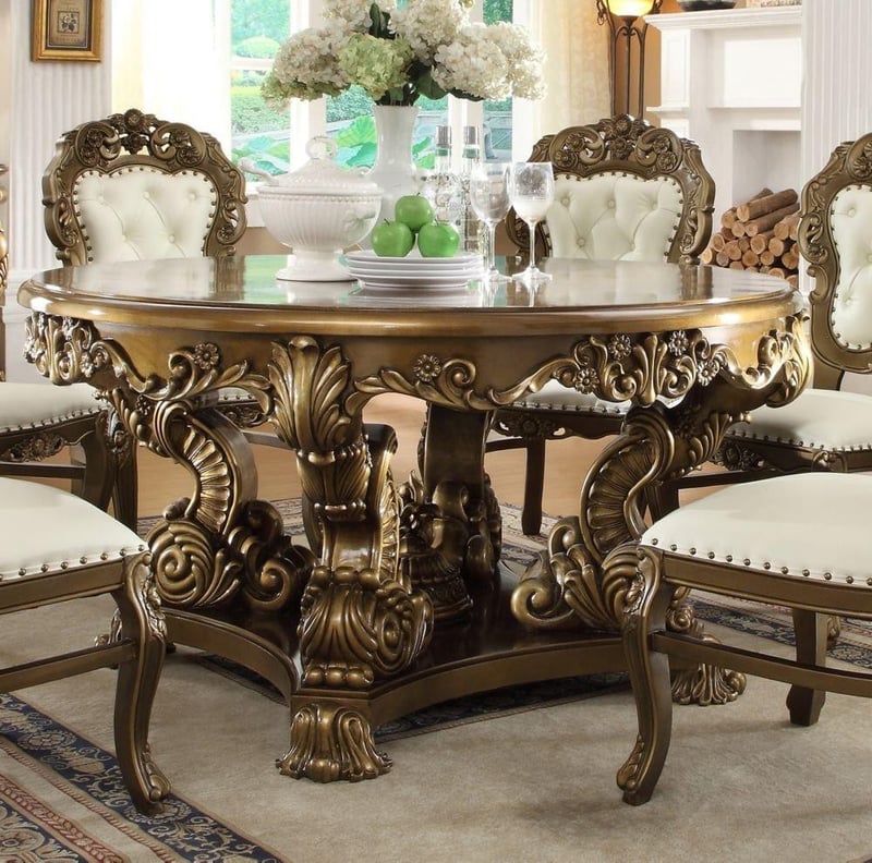 Golden Brown Carved Wood Round Dining Table Traditional Homey Design HD-8008 